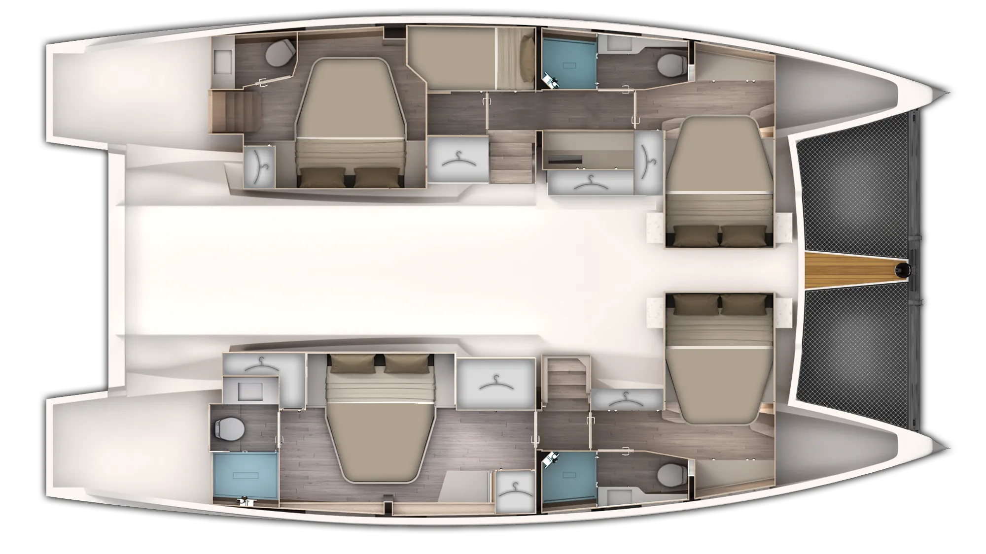 Deck plan of the five-cabin Aventura 45, seen from above with the bows to the right